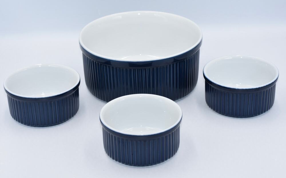 Dansk Bistro 4pc Christianshavn Blue Ribbed Ramekins & Soufflé Casserole Dish